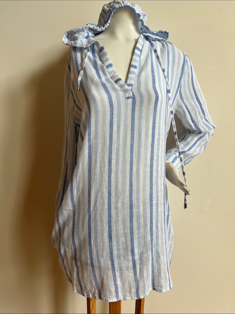 Blue island linen cover up Women’s Blue & White Striped Hooded Swim Cover-Up